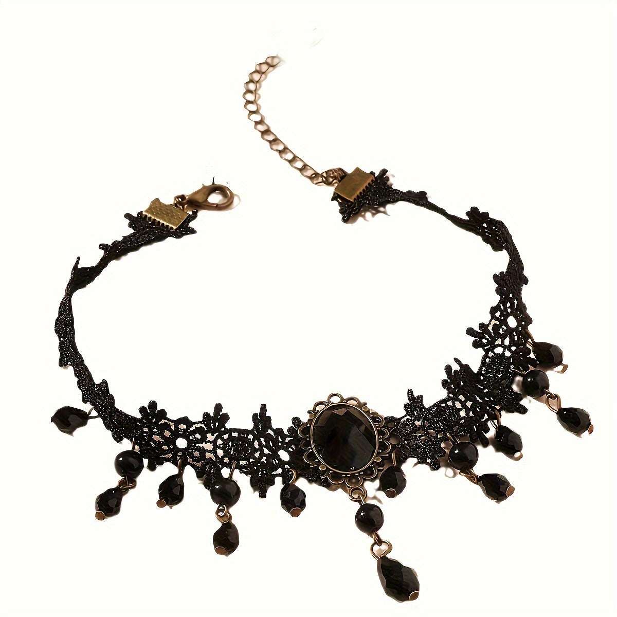 Collar Gótico Vintage Negro Borlas Encaje - Gargantilla Estilo Dark Joyería