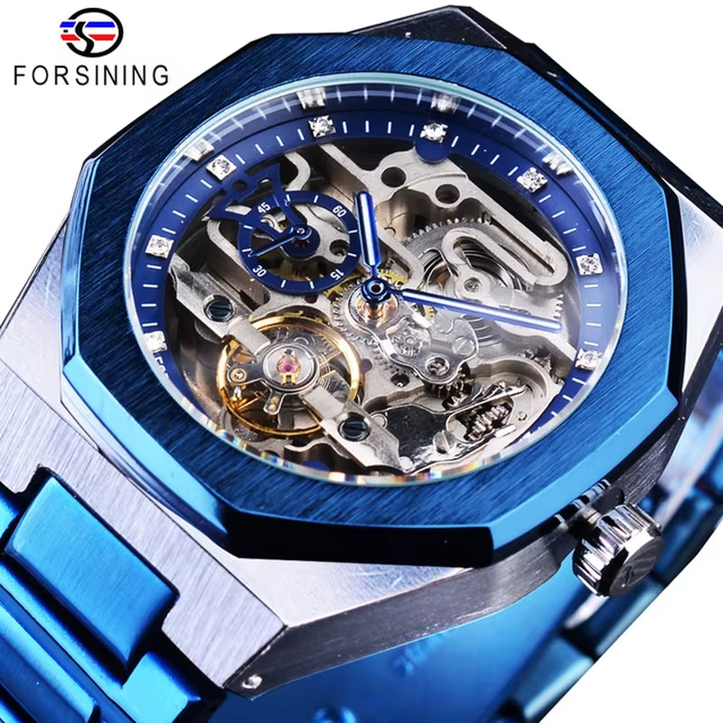 Forsining New Men Automatic Watch 3D Diamond Skeleton Hollow Mens Wristwatches Luminous Gift Watches Tourbillon Montre Homme