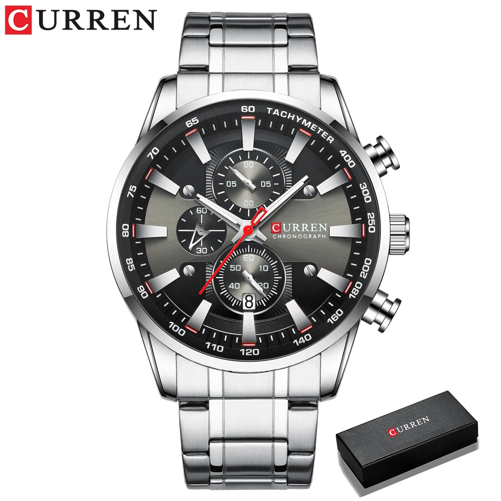Man Watches Luxury Sporty Chronograph Wristwatches for Men Quartz Stainless Steel Band Clock Luminous Hands