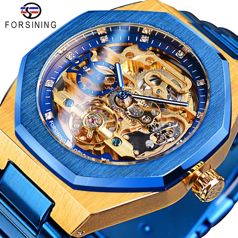 Forsining New Men Automatic Watch 3D Diamond Skeleton Hollow Mens Wristwatches Luminous Gift Watches Tourbillon Montre Homme