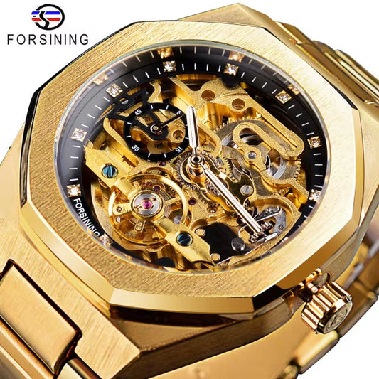 Forsining New Men Automatic Watch 3D Diamond Skeleton Hollow Mens Wristwatches Luminous Gift Watches Tourbillon Montre Homme
