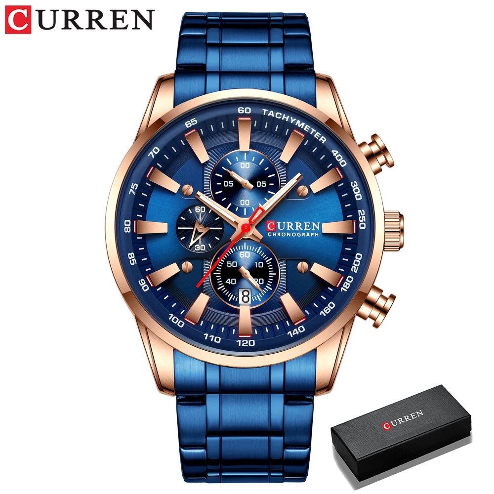 Man Watches Luxury Sporty Chronograph Wristwatches for Men Quartz Stainless Steel Band Clock Luminous Hands