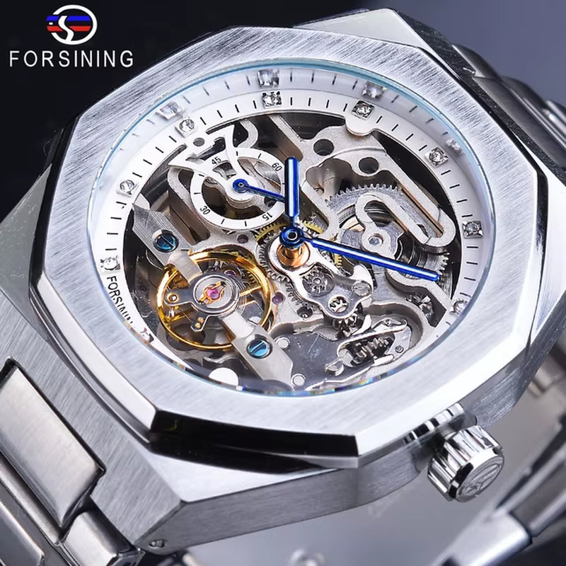 Forsining New Men Automatic Watch 3D Diamond Skeleton Hollow Mens Wristwatches Luminous Gift Watches Tourbillon Montre Homme