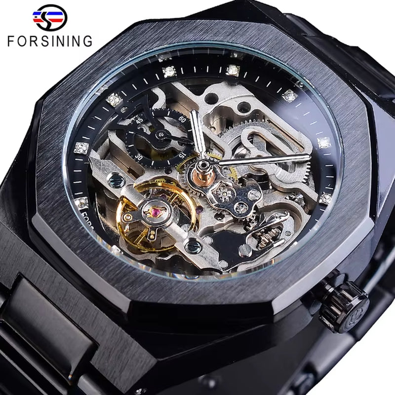Forsining New Men Automatic Watch 3D Diamond Skeleton Hollow Mens Wristwatches Luminous Gift Watches Tourbillon Montre Homme