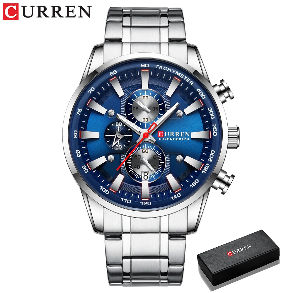 Man Watches Luxury Sporty Chronograph Wristwatches for Men Quartz Stainless Steel Band Clock Luminous Hands