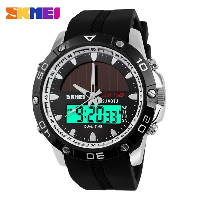 Watches Men Waterproof Solar Power Sports Casual Watch Man Men'S Wristwatches 2 Time Zone Digital Quartz LED Clock Men