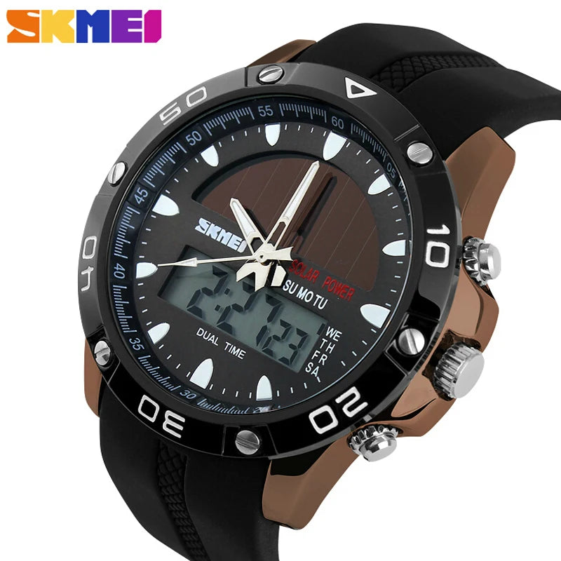 Watches Men Waterproof Solar Power Sports Casual Watch Man Men'S Wristwatches 2 Time Zone Digital Quartz LED Clock Men
