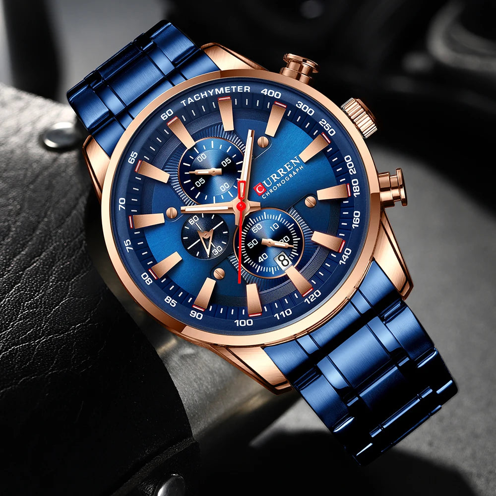 Man Watches Luxury Sporty Chronograph Wristwatches for Men Quartz Stainless Steel Band Clock Luminous Hands