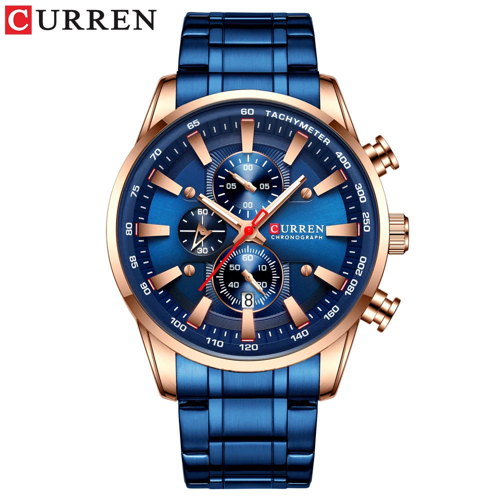 Man Watches Luxury Sporty Chronograph Wristwatches for Men Quartz Stainless Steel Band Clock Luminous Hands