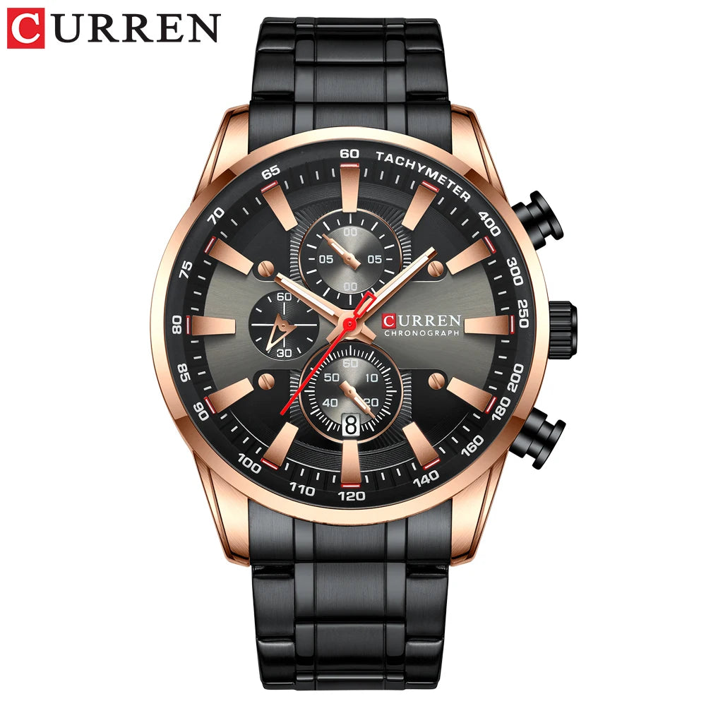 Man Watches Luxury Sporty Chronograph Wristwatches for Men Quartz Stainless Steel Band Clock Luminous Hands