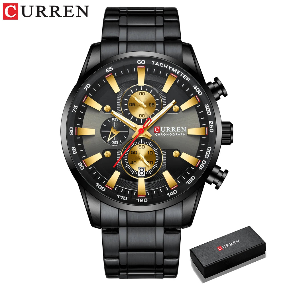 Man Watches Luxury Sporty Chronograph Wristwatches for Men Quartz Stainless Steel Band Clock Luminous Hands