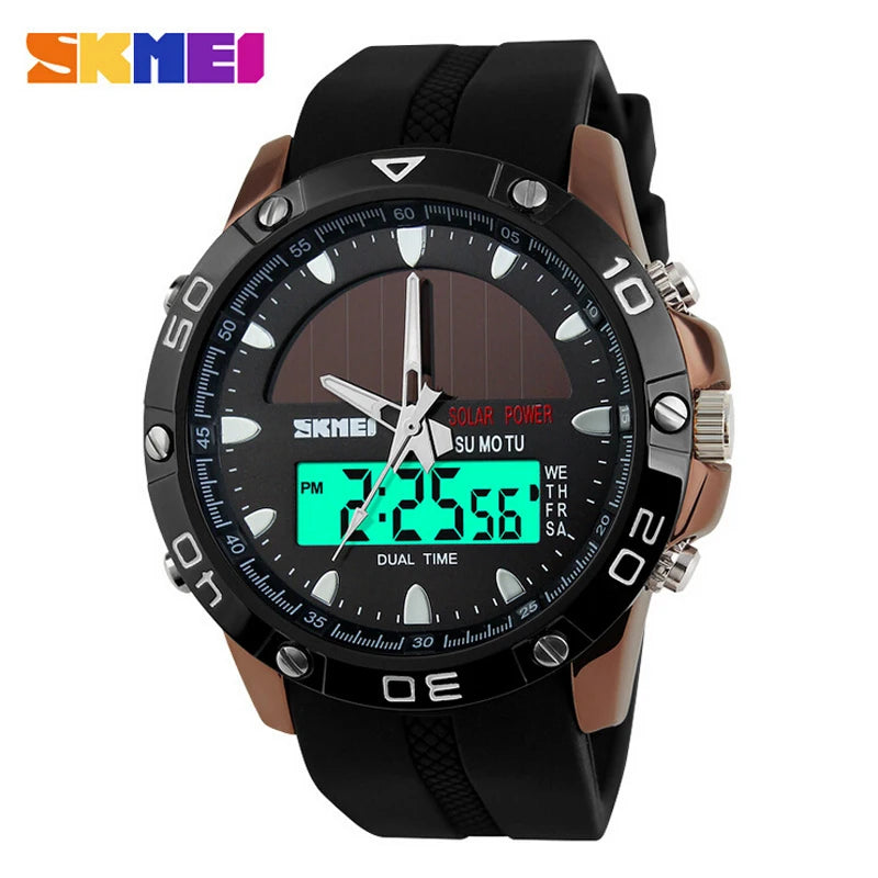 Watches Men Waterproof Solar Power Sports Casual Watch Man Men'S Wristwatches 2 Time Zone Digital Quartz LED Clock Men