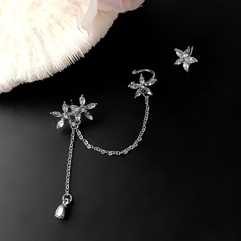 Pendientes Asimétricos Cristales Diamante - Clips Flores Cadena Joyería Moda