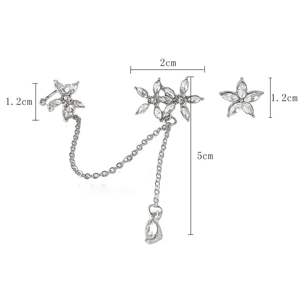 Pendientes Asimétricos Cristales Diamante - Clips Flores Cadena Joyería Moda
