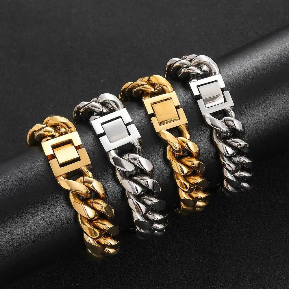 Venta al por mayor, pulsera de cadena cubana de acero inoxidable para hombres de 6/8/10/12/14MM, pulsera de Hip Hop PVD de Miami, joyería para mujeres, envío directo