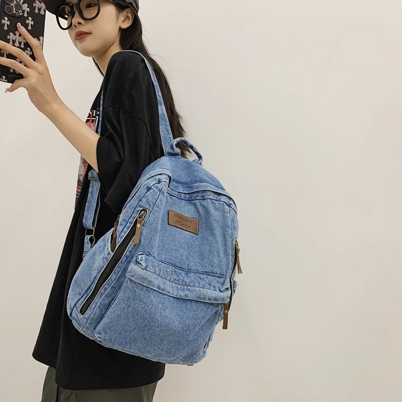 Mochila Mezclilla Estudiantes - Bolso Escolar Grande Múltiples Bolsillos