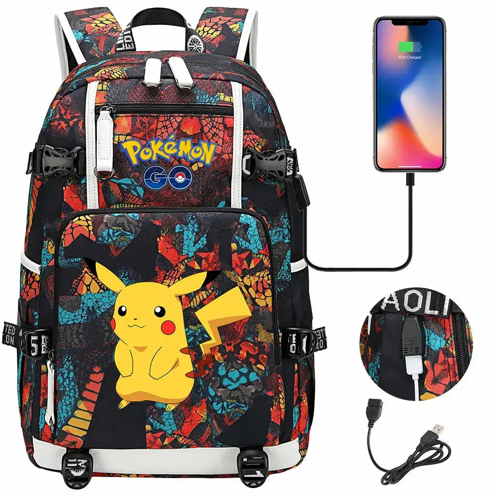 Mochila Pikachu Pokémon USB Impermeable - Morral Escolar Laptop Unisex