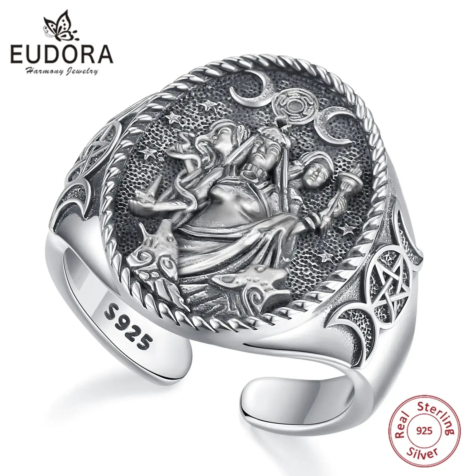Anillo Ajustable Eudora - Triple Diosa Luna Hecate Plata 925