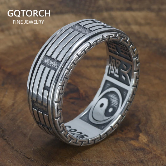 Anillos de plata de ley 925 auténtica para hombre, Spinner giratorio tallado Taiji Bagua Yin Yang con patrón Vintage de gran pared