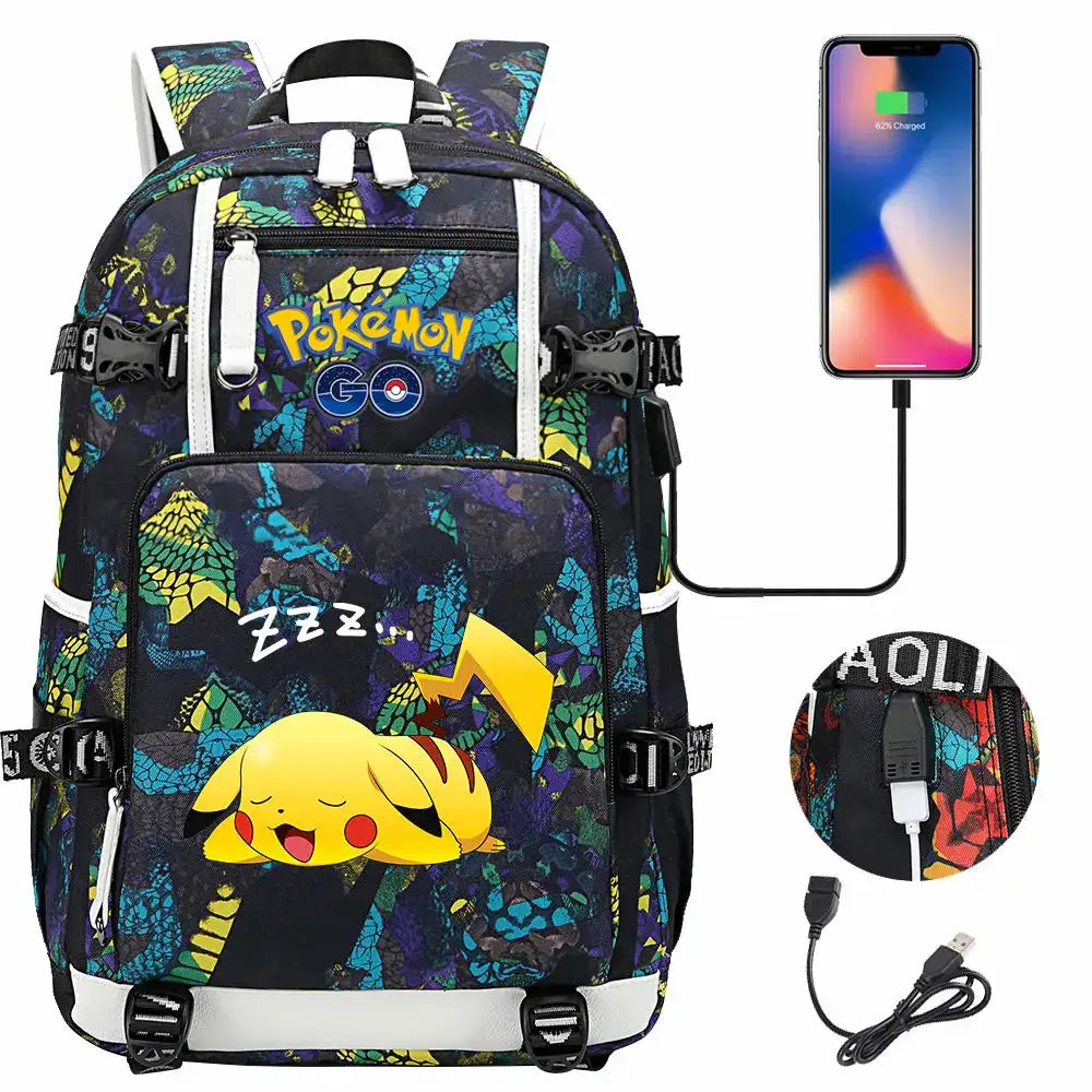 Mochila Pikachu Pokémon USB Impermeable - Morral Escolar Laptop Unisex