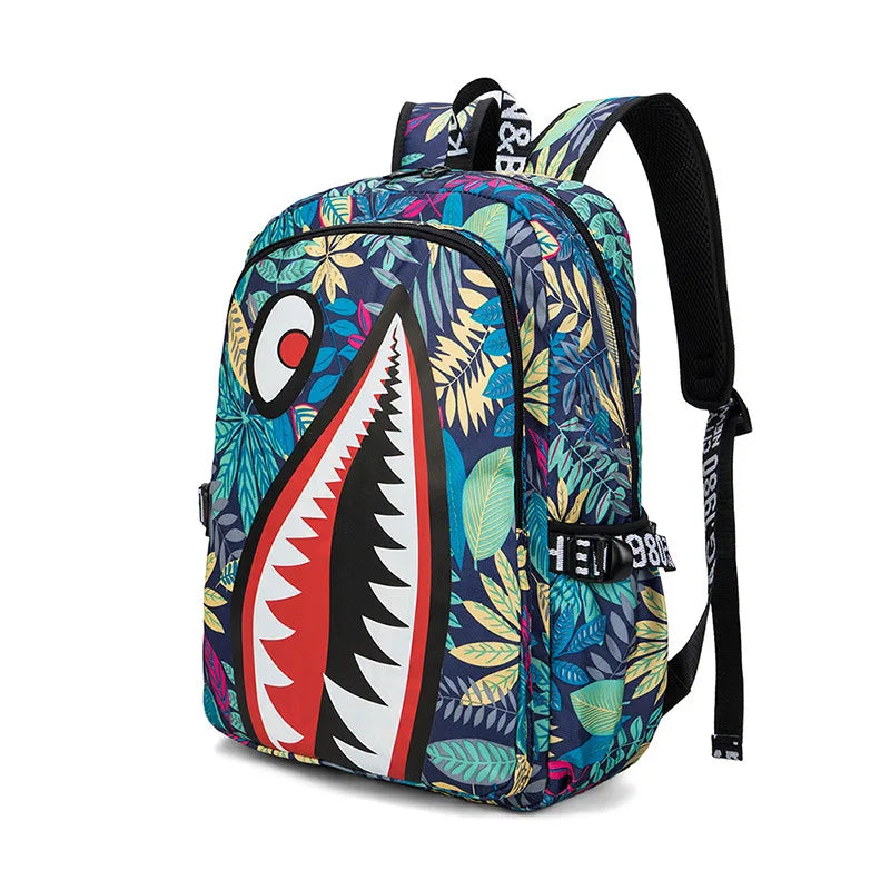 Mochila Escolar Tiburones Blanca y Negra - Diseño Unisex Ligera