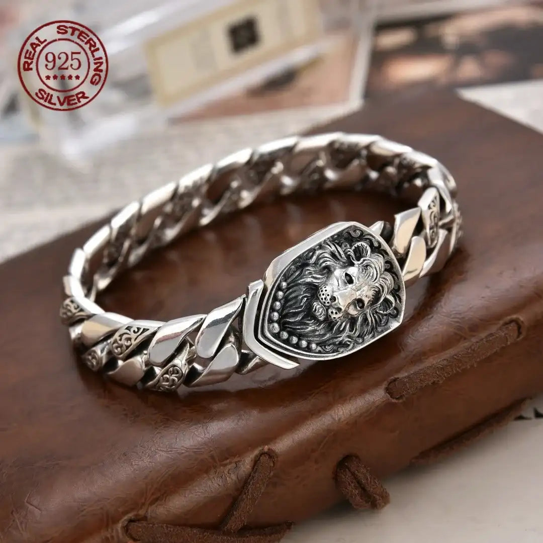 Pulsera León Tanque Plata Esterlina S925 - Diseño Dominante Vintage