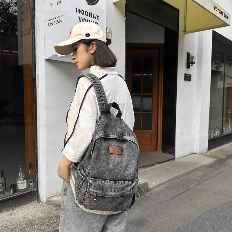 Mochila De tela vaquera para estudiante, morral De gran capacidad con múltiples bolsillos, a la moda, para la escuela,
