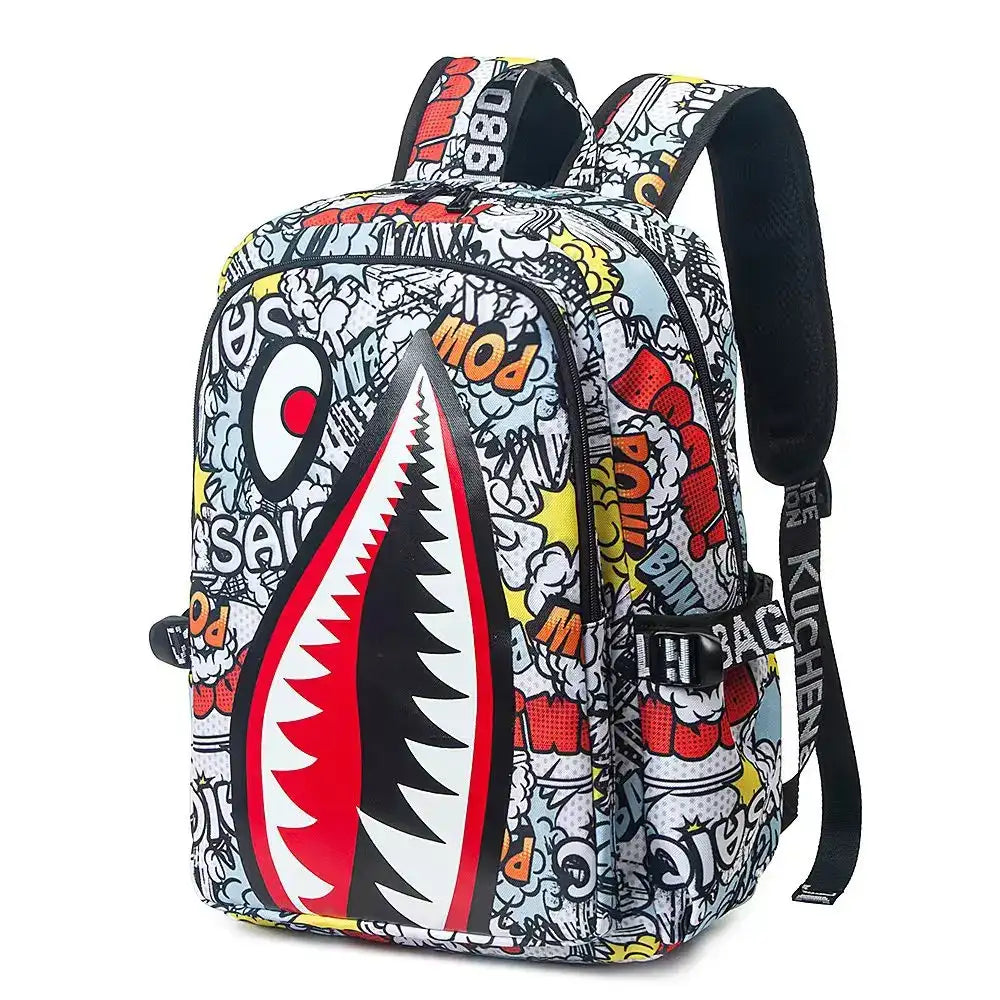 Mochila Escolar Tiburones Blanca y Negra - Diseño Unisex Ligera