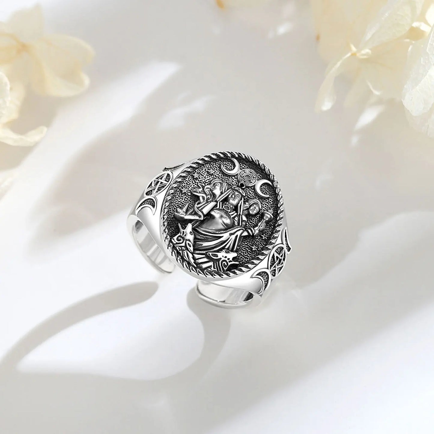 Anillo Ajustable Eudora - Triple Diosa Luna Hecate Plata 925