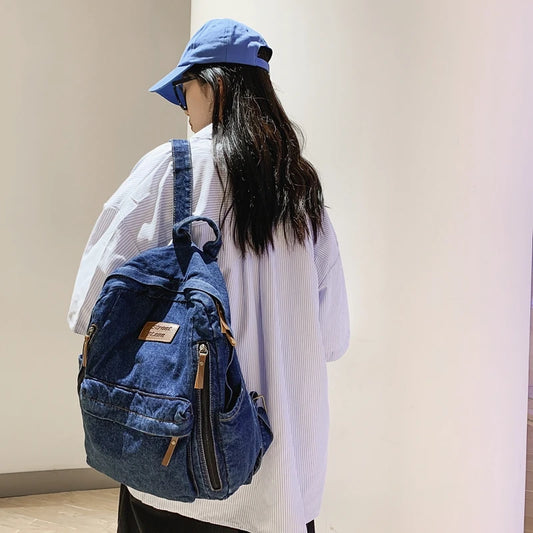 Mochila Mezclilla Estudiantes - Bolso Escolar Grande Múltiples Bolsillos