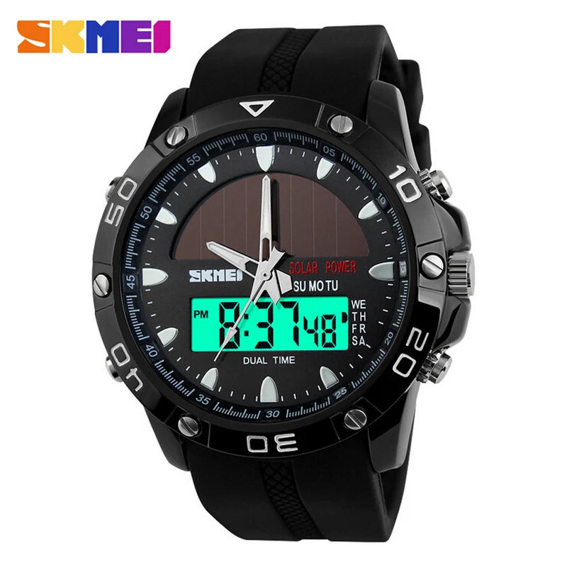 Watches Men Waterproof Solar Power Sports Casual Watch Man Men'S Wristwatches 2 Time Zone Digital Quartz LED Clock Men