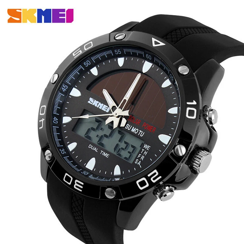 Watches Men Waterproof Solar Power Sports Casual Watch Man Men'S Wristwatches 2 Time Zone Digital Quartz LED Clock Men