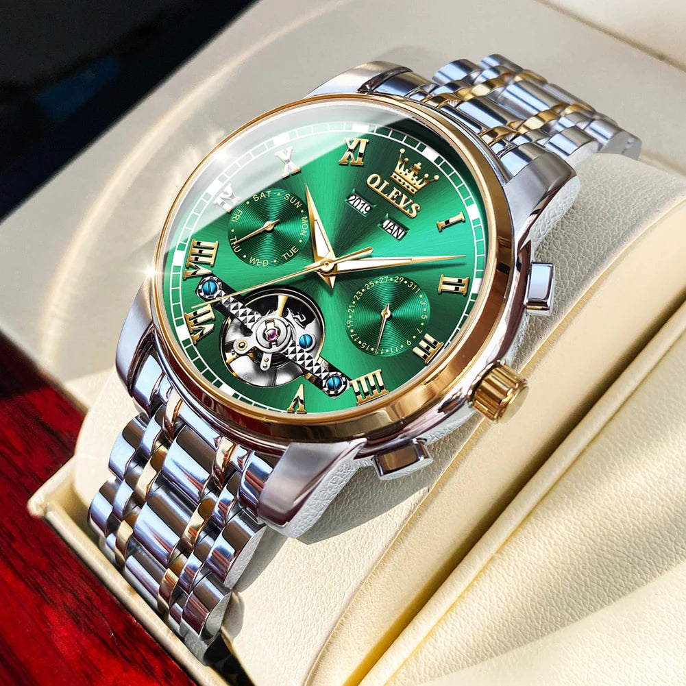 OLEVS Men'S Watches Automatic Mechanical Business Wristwatch Waterproof Stainless Steel Strap Watch for Man Skeleton Calendar