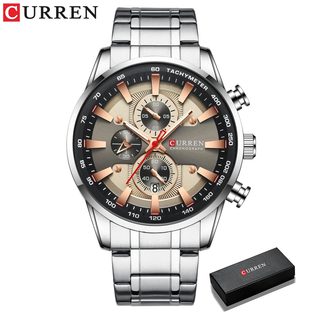 Man Watches Luxury Sporty Chronograph Wristwatches for Men Quartz Stainless Steel Band Clock Luminous Hands