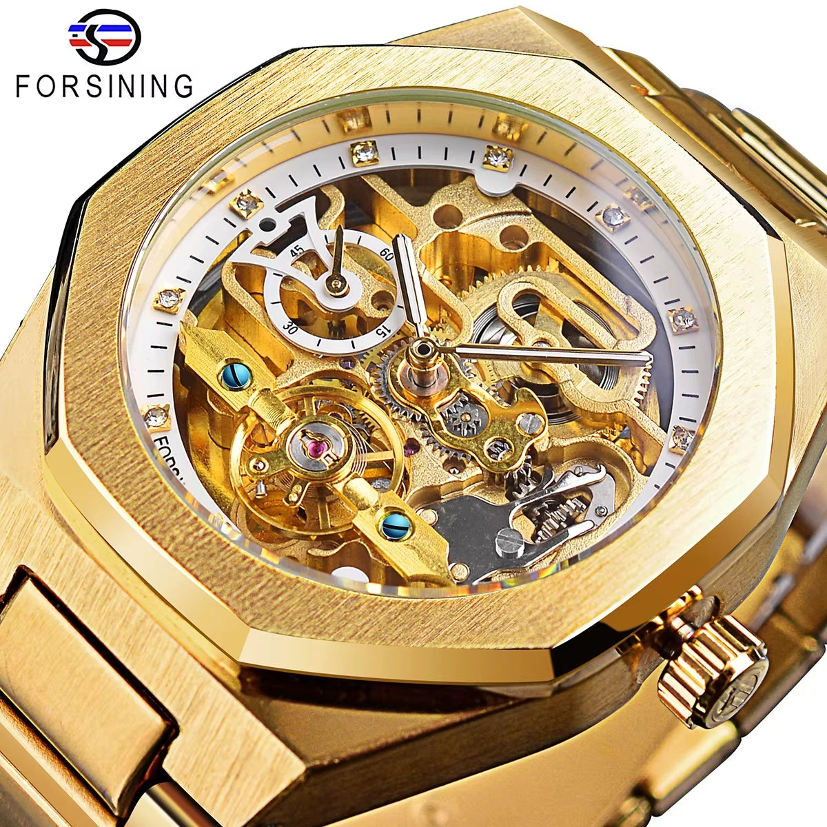 Forsining New Men Automatic Watch 3D Diamond Skeleton Hollow Mens Wristwatches Luminous Gift Watches Tourbillon Montre Homme