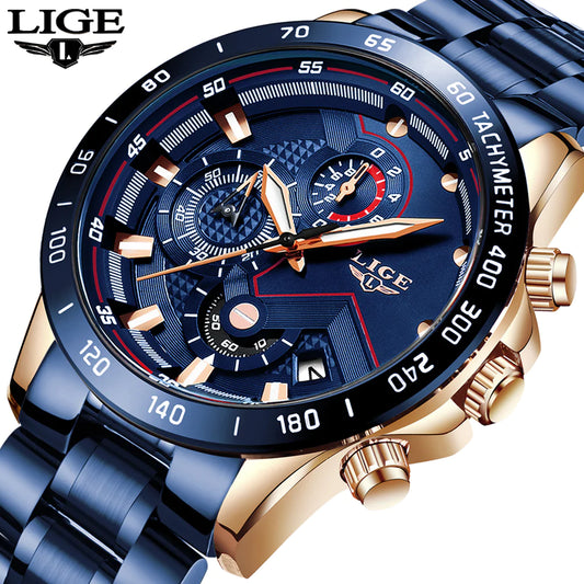 2022 New LIGE Fashion Mens Watches Stainless Steel Top Brand Luxury Sport Chronograph Quartz Withwatch for Men Relogio Masculino