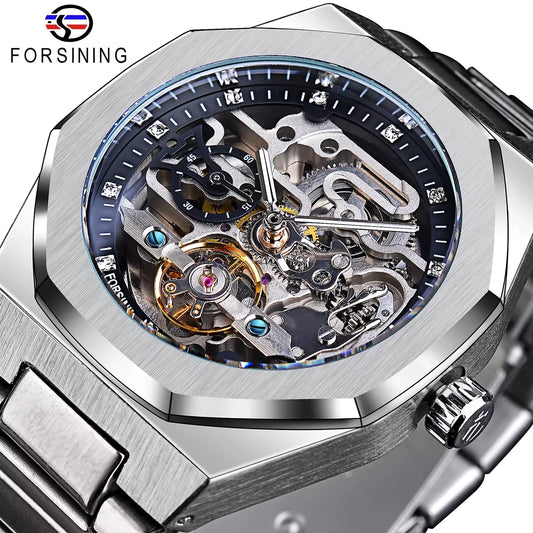 Forsining New Men Automatic Watch 3D Diamond Skeleton Hollow Mens Wristwatches Luminous Gift Watches Tourbillon Montre Homme
