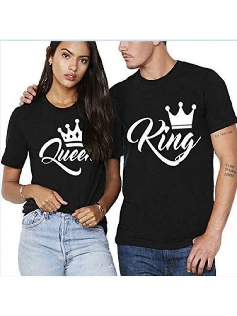KING QUEEN Letter Crown Printed Black White T Shirts Summer Casual O-Neck Short Sleeve Tees Couple Lovers Tshirt Tops Clothes