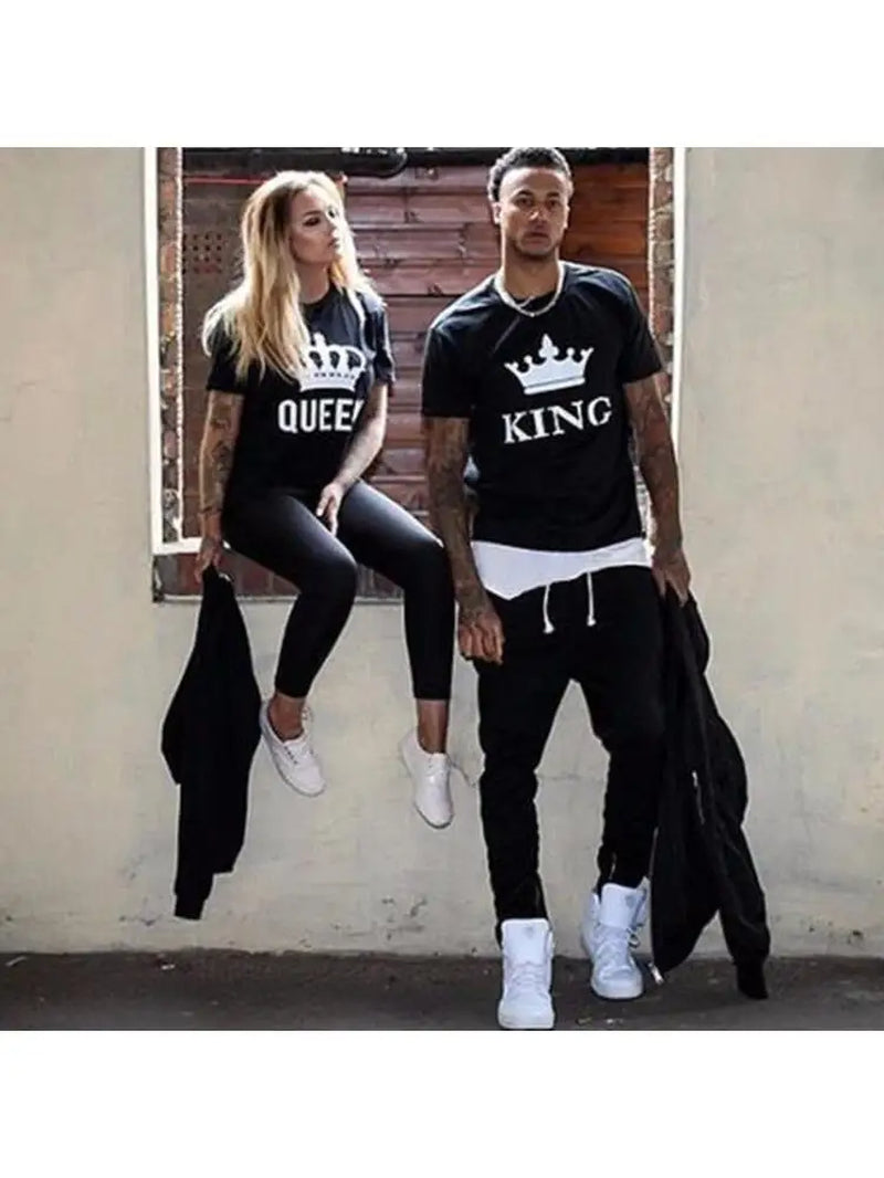 KING QUEEN Letter Crown Printed Black White T Shirts Summer Casual O-Neck Short Sleeve Tees Couple Lovers Tshirt Tops Clothes