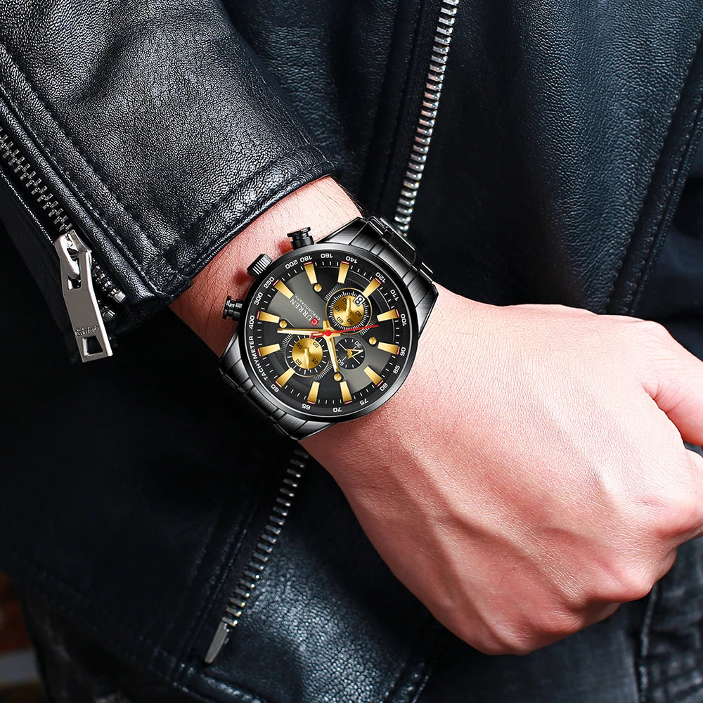 Man Watches Luxury Sporty Chronograph Wristwatches for Men Quartz Stainless Steel Band Clock Luminous Hands