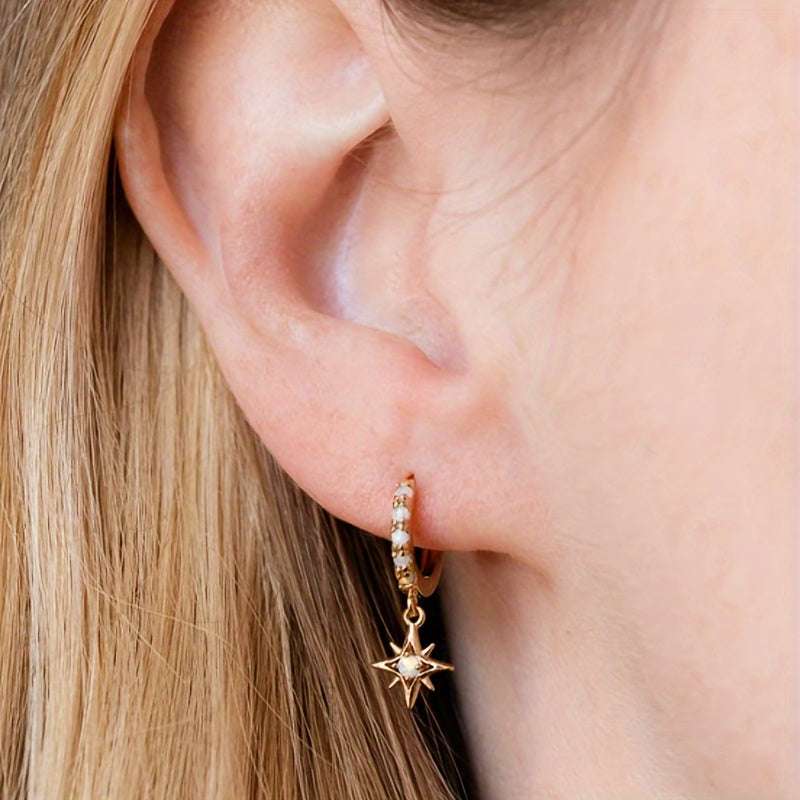Pendientes Asimétricos Luna Estrella Oro 18K - Piedra Lunar Hipoalergénicos