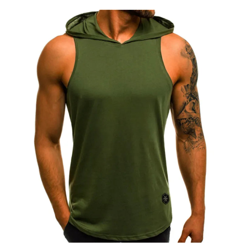 Fashion Summer Mens Sleeveless Hoodie T-Shirts Muscle Sweatshirt Cool Hoody Tops GYM Sport Slim Fitness Hooded Sportswer Tees