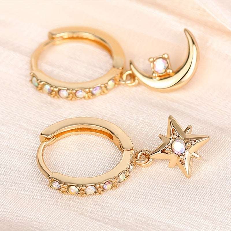 Pendientes Asimétricos Luna Estrella Oro 18K - Piedra Lunar Hipoalergénicos