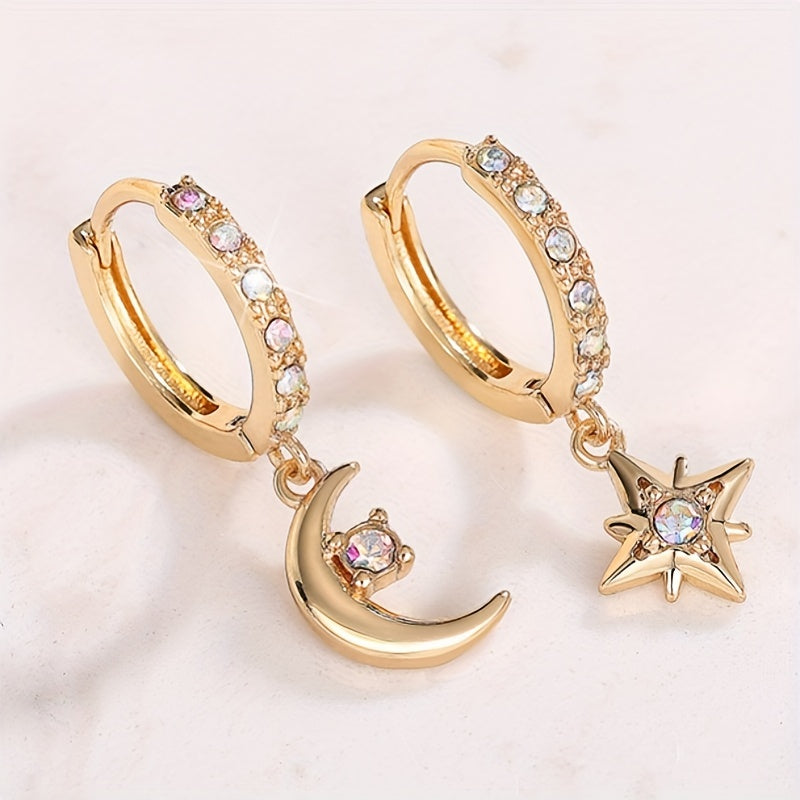 Pendientes Asimétricos Luna Estrella Oro 18K - Piedra Lunar Hipoalergénicos