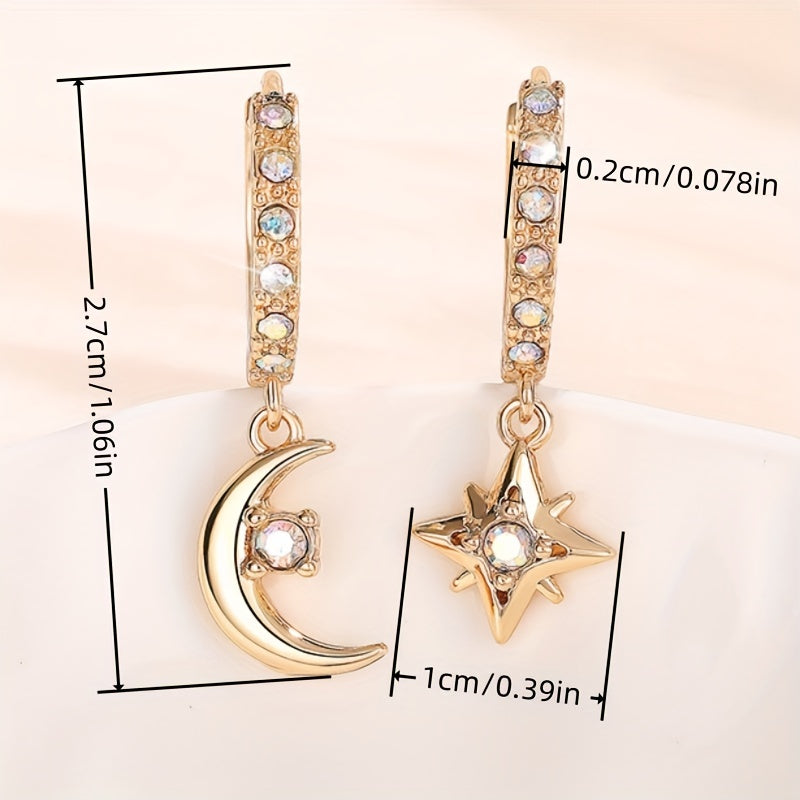 Pendientes Asimétricos Luna Estrella Oro 18K - Piedra Lunar Hipoalergénicos