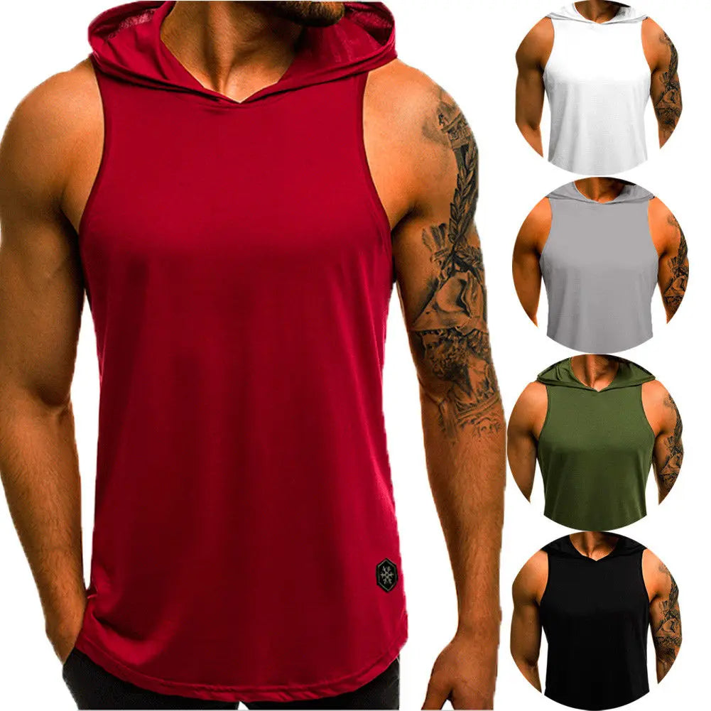 Fashion Summer Mens Sleeveless Hoodie T-Shirts Muscle Sweatshirt Cool Hoody Tops GYM Sport Slim Fitness Hooded Sportswer Tees