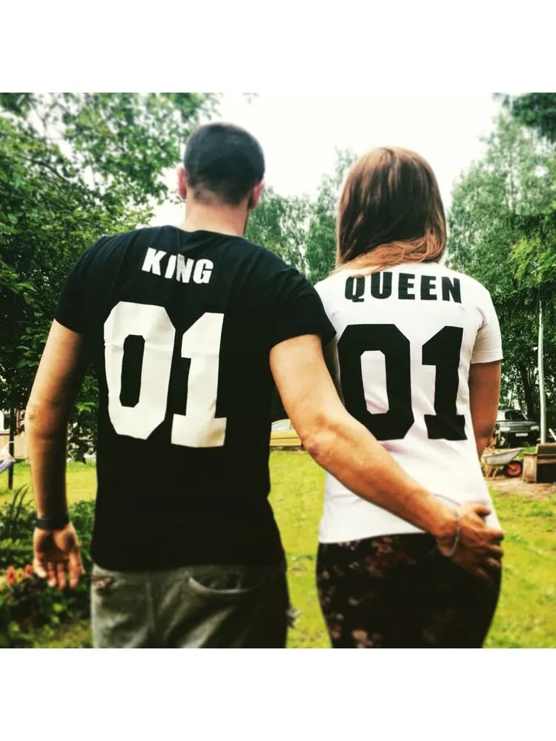 KING QUEEN Letter Crown Printed Black White T Shirts Summer Casual O-Neck Short Sleeve Tees Couple Lovers Tshirt Tops Clothes