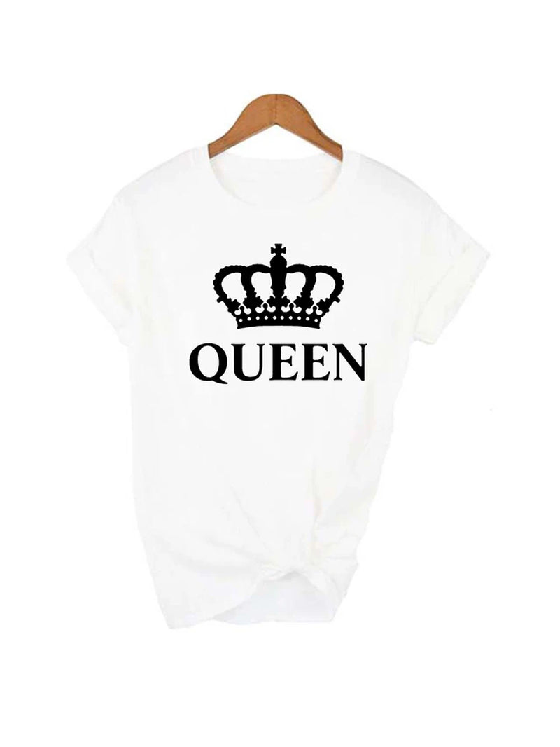 KING QUEEN Letter Crown Printed Black White T Shirts Summer Casual O-Neck Short Sleeve Tees Couple Lovers Tshirt Tops Clothes