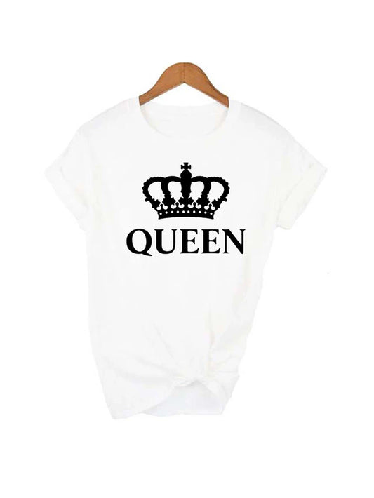 KING QUEEN Letter Crown Printed Black White T Shirts Summer Casual O-Neck Short Sleeve Tees Couple Lovers Tshirt Tops Clothes