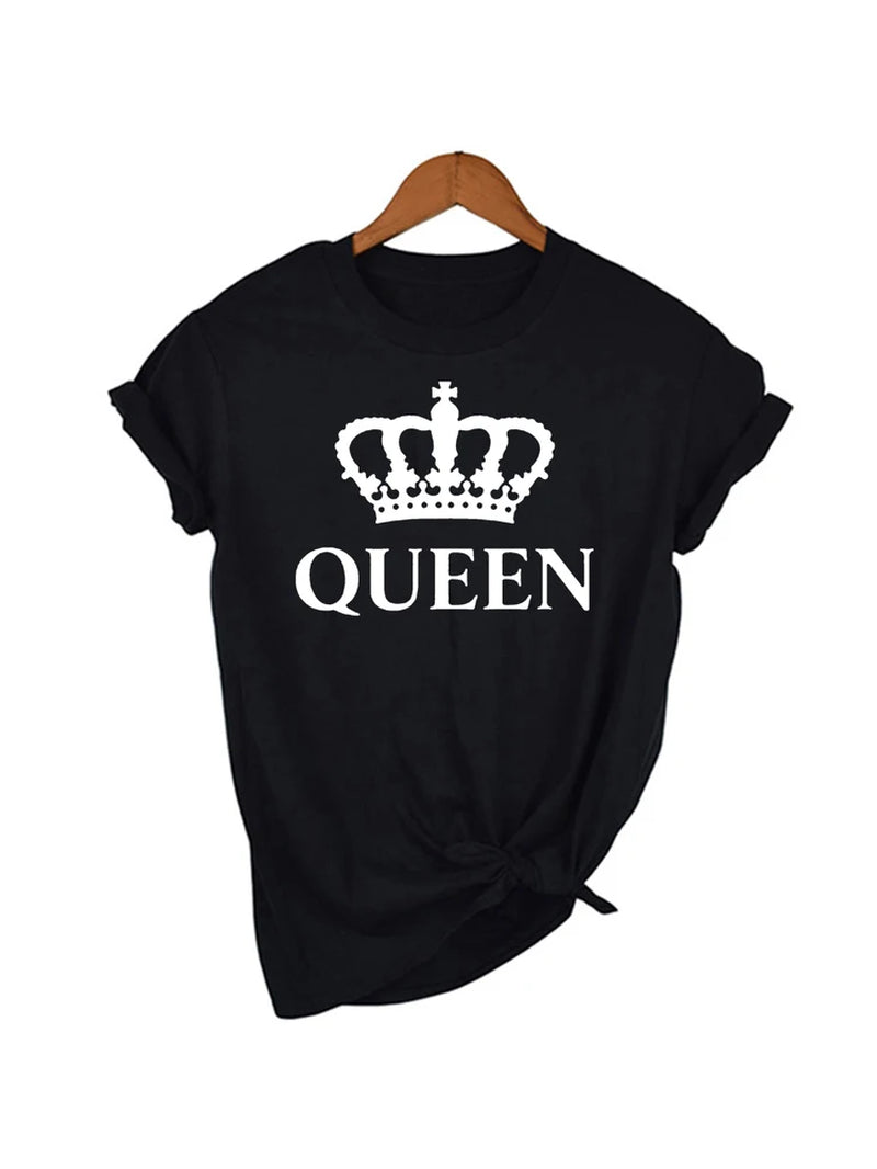 KING QUEEN Letter Crown Printed Black White T Shirts Summer Casual O-Neck Short Sleeve Tees Couple Lovers Tshirt Tops Clothes